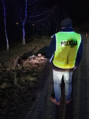 na dworze jest ciemno, na asfaltowej drodze stoi nieumundurowany policjant w kamizelce odblaskowej z napisem policja. Policjant patrzy na uszkodzony motorower leżący na trawie, na poboczu drogi