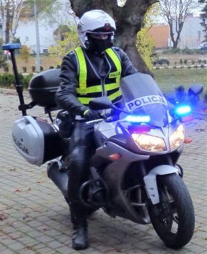 umundurowany policjant przygotowuje policyjny motocykl do wyjazdu