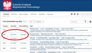 screen strony internetowej Dziennika Urzędowego Województwa Pomorskiego zawierający daty publikacji i tytuły aktów prawnych