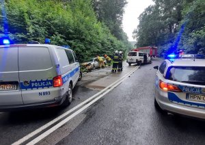 miejsce wypadku drogowego. Na lewym poboczu drogi znajduje się vw passat z wgniecionym przodem. Na środku drogi, w niewielkiej odległości od passata stoi vw caravelle z wykrzywionym przednim kołem i wgniecioną karoserią. Do wnętrza passata próbują dostać się strażacy. Po obu stronach drogi stoją dwa oznakowane policyjne radiowozy z włączonymi sygnałami błyskowymi. W tle znajduje się wóz straży pożarnej