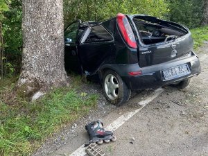 na poboczu drogi znajduje się całkowicie rozbity o drzewo samochód