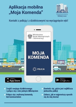 plakat przedstawiający telefon komórkowy z aplikacją moja komenda