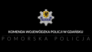 plansza z czarnym tłem i gwiazdą policyjną pod którą jest napis Komenda Wojewódzka Policji w Gdańsku Pomorska Policja