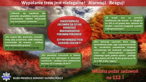 grafika przedstawiająca płomienie na zielonym terenie oraz &quot;kafelki&quot; z informacjami o odpowiedzialności karnej za naruszenie porządku prawnego