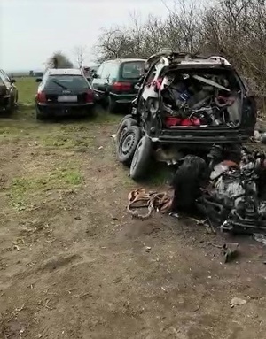 na nieutwardzonej nawierzchni stoją obok siebie trzy samochody osobowe. Za nimi znajduje się częściowo zdemontowany samochód, za którym z kolei leży składowisko zdemontowanych części