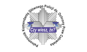 policyjna gwiazda z napisem na wstędze znajdującej się na środku gwiazdy o treści czy wiesz, że. Dookoła gwiazdy napis Pełnomocnik Komendanta Głównego Policji ds. Ochrony Praw Człowieka