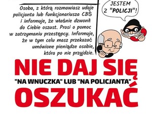 grafika przedstawiająca oszusta który dzwoni do starszego mężczyzny podając się za policjanta. Pod spodem napis Nie daj się oszukać na wuczka lub na policjanta