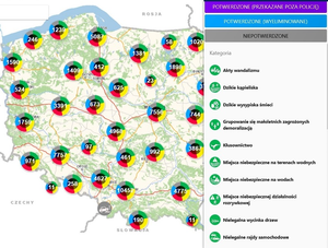 krajowa mapa zagrożeń bezpieczeństwa przedstawiająca mapę Polski z naniesionymi punktami zawierającymi liczbę wskazanych zagrożeń. Obok wyświetlona jest legenda z rodzajami zagrożeń