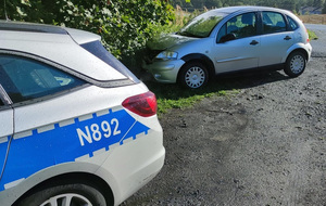 na drodze poza jezdnią znajduje się srebrny citroen c3. Przed nim znajduje się policyjny radiowóz