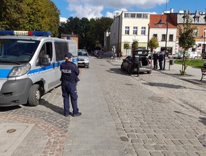 przy oznakowanym radiowozie stoi umundurowana policjantka. Za radiowozem stoi auto straży miejskiej. Po drugiej stronie ulicy przy nieoznakowanym radiowozie znajduje się policyjny pirotechnik. Obok stoją policjant i strażnik miejski