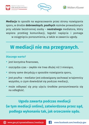 druga strona ulotki. W lewym górnym rogu widnieje godło Polski i napis Ministerstwo Sprawiedliwości, obok w chmurce jest napis mediacja a w prawym górnym rogu napis Wolters Kluwer z logo. Poniżej na jasnoniebieskim tle wyjaśnione jest pojęcie mediacji