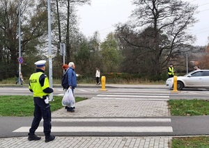 po dwóch przeciwnych stronach dwuetapowego przejścia dla pieszych stoją dwaj policjanci w kamizelkach odblaskowych. Chodnikiem idą piesi