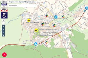 krajowa mapa zagrożeń bezpieczeństwa pokazująca Lębork z ilością naniesionych zagrożeń w poszczególnych rejonach oraz ich rodzaj