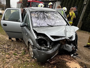 przy osobowym samochodzie, który ma rozbitą przednią maskę stoją strażacy. Do auta zagląda mężczyzna