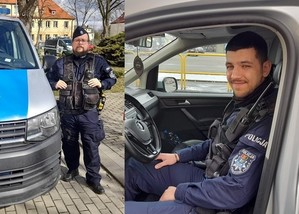 dwa złączone zdjęcia. Przedstawia policjanta służby prewencyjnej stojącego przy radiowozie i policjanta tej samej służby siedzącego w radiowozie na miejscu kierowcy