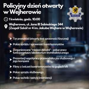 plakat informujący o wydarzeniu jakie odbędzie się w  Wejherowie 1 kwietnia (promocja zawodu policjanta)