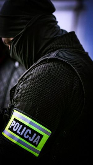 policjant w hełmie i z zasłoniętą twarzą