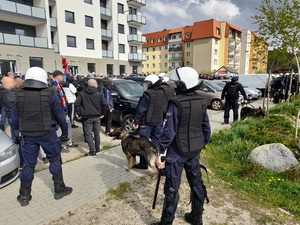 policjanci w strojach ochronnych do zabezpieczania imprez masowych otaczają grupę pseudokibiców zgromadzonych na osiedlu. Wśród policjantów znajdują się psy służbowe