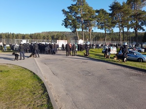 przed główną bramą stadionu stoją policjanci w strojach ochronnych wykorzystywanych przy zabezpieczaniu imprez masowych. Wśród nich są przewodnicy z psami służbowymi