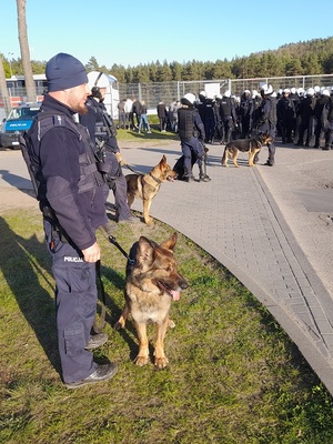 przed główną bramą stadionu stoją policjanci w strojach ochronnych wykorzystywanych przy zabezpieczaniu imprez masowych. Wśród nich są przewodnicy z psami służbowymi