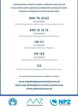ulotka z numerami telefonu oraz adresami stron internetowych instytucji pomocowych
