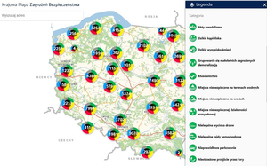 mapa Polski z zaznaczonymi punktami wskazującymi ilość zgłoszeń o zagrożeniach. Obok legenda z kategoriami zagrożeń