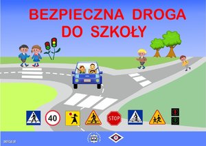 grafika przedstawiająca skrzyżowanie dróg z przejściami dla pieszych, sygnalizacją świetlną, dziećmi idącymi chodnikiem i stojącymi przed pasami, samochodem jadącym ulicą. Na górze napis &quot;Bezpieczna droga do szkoły&quot;. Na dole umieszczone w rzędzie znaki drogowe: przejście dla pieszych, ograniczenie prędkości do 40 km/h, &quot;agatka&quot;, stop, przejazd dla rowerów, dzieci, sygnalizator świetlny