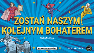 grafika przedstawiająca rysunkowe postacie superbohaterów. Na środku napis o treści: &quot;zostań naszym kolejnym bohaterem&quot;