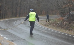 policjant ruchu drogowego rozwija na jezdni policyjną kolczatkę