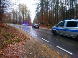 jadący jezdnią samochód osobowy skręca w leśną drogę żeby ominąć rozwiniętą na trasie policyjną kolczatkę. Za nim jedzie radiowóz