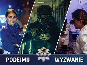 troje policjantów w różnych sytuacjach. Policjantka ruchu drogowego, policyjny kontrterrorysta i laborantka