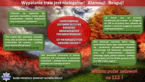 infografika o temacie: Wypalanie traw jest nielegalne ! Alarmuj ! Reaguj ! 
Na tle zdjęcia przedstawiającego pożar obszaru leśnego widnieją tablice koloru zielonego z zacytowanymi przepisami prawnymi: 
„Zabrania się wypalania łąk, pastwisk, nieużytków, rowów, pasów przydrożnych, szlaków kolejowych oraz trzcinowisk i szuwarów” art. 124 ustawy o ochronie przyrody
„Kto wypala łąki, pastwiska, nieużytki, rowy, pasy przydrożne, szlaki kolejowe, trzcinowiska lub szuwary - podlega karze aresztu albo grzywny” art. 131 ustawy o ochronie przyrody 
„Kto powoduje zniszczenie w świecie roślinnym lub zwierzęcym w znacznych rozmiarach – podlega karze pozbawienia wolności od 3 miesięcy do lat 5” art. 181 kodeksu karnego 
 „W lasach oraz na terenach śródleśnych, jak również w odległości do 100 m od granicy lasu, zabrania się działań i czynności mogących wywołać niebezpieczeństwo” art. 30 ustawy o lasach państwowych 
„Kto dokonuje czynności, które mogą spowodować pożar, jego rozprzestrzenianie się, utrudnienie prowadzenia działania ratowniczego lub ewakuacji, polegających m.in. na niedozwolonym używaniu otwartego ognia, paleniu tytoniu – podlega karze aresztu od 5 do 30 dni, grzywny od 20 do 5000 zł albo nagany” art. 82 kodeksu wykroczeń 
W prawym dolnym rogu widnieje napis:  Widzisz pożar zadzwoń na 112 !
W lewym dolnym rogu widnieje logo Policji oraz napis: Biuro Prewencji Komendy Głównej Policji