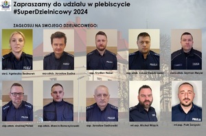 grafika przedstawiająca sylwetki dziesięciorga dzielnicowych na tle budynku komendy Policji. Na górze logo lęborskiej Policji oraz napis o treści: &amp;quot;zapraszamy do udziału w plebiscycie #SuperDzielnicowy 2024, zagłosuj na swojego dzielnicowego&amp;quot;