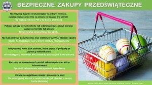 infografika przedstawiająca zdjęcie koszyka sklepowego wypełnionego jajkami wielkanocnymi. Na górze napis :Bezpieczne zakupy przedświąteczne. Pod spodem porady co zrobić żeby nie zostać okradzionym