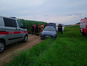 przy polu kukurydzy stoją wozy straży pożarnej i nieoznakowany policyjny radiowóz. Przy radiowozie stoją strażacy i policjant