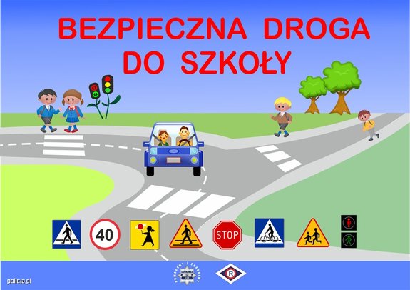 grafika przedstawiająca uczestników ruchu drogowego. Ulicą jedzie samochód, chodnikiem idą dzieci, inne dzieci przechodzą przez przejście dla pieszych. Na dole znaki drogowe, na górze napis o treści: Bezpieczna droga do szkoły