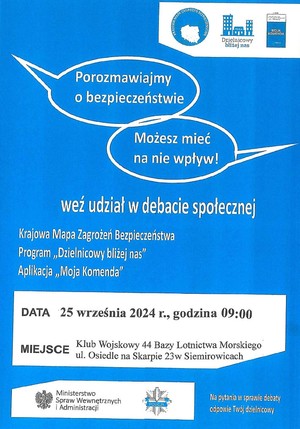 plakat zawierający informację na temat miejsca, czasu i tematu debaty społecznej