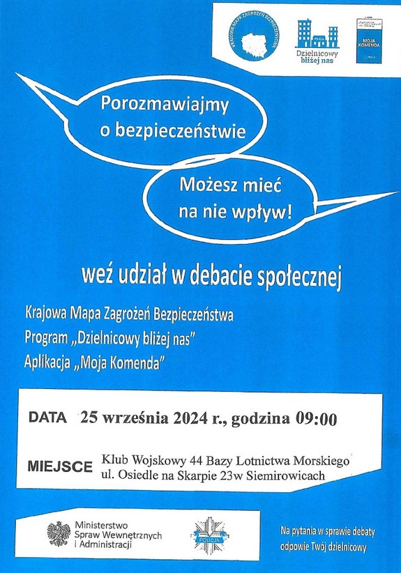 plakat zawierający informację na temat miejsca, czasu i tematu debaty społecznej