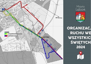 mapa Lęborka z zaznaczonymi na kolorowo zmianami w organizacji ruchu.