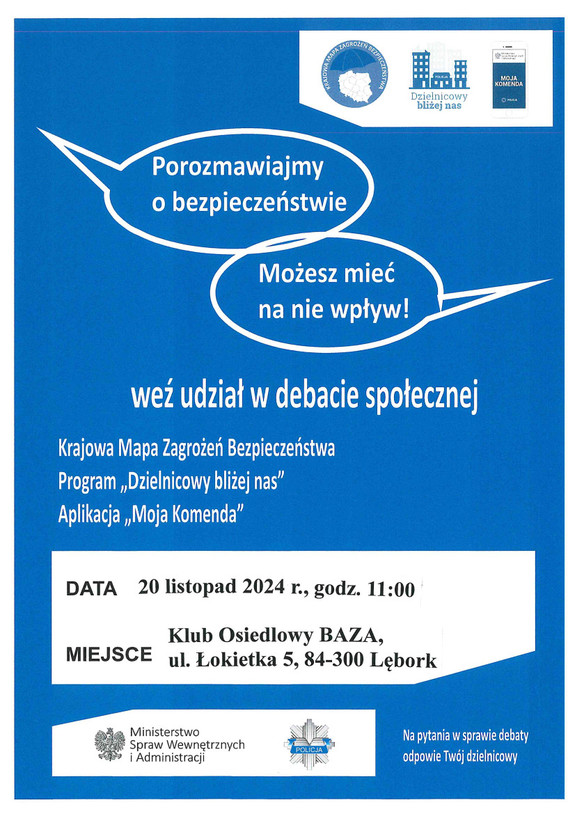 plakat. Na niebieskim tle widnieje zaproszenie na debatę ze wskazaniem miejsca, daty i tematów spotkania