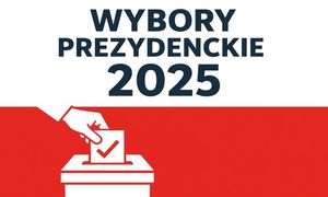 na biało - czerwonym tle napis o treści wyboru prezydenckie 2025, pod napisem grafika w białym kolorze przedstawiająca dłoń wrzucającą do urny wyborczej kartę