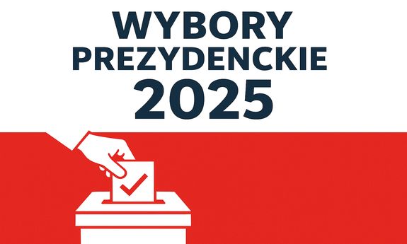 na biało - czerwonym tle napis o treści wyboru prezydenckie 2025, pod napisem grafika w białym kolorze przedstawiająca dłoń wrzucającą do urny wyborczej kartę