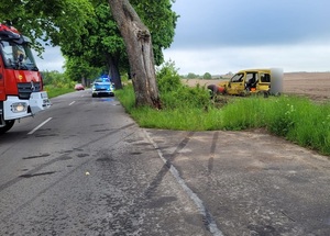 miejsce zdarzenia drogowego. W polu stoi żółte, uszkodzone renault kangoo. Na jezdni stoi policyjny radiowóz z włączonymi sygnałami błyskowymi oraz wóz strażacki