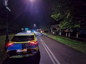 pora nocna. Przy jezdni na pasie zieleni stoi rozstawiony parawan straży pożarnej. Przed nim stoi policjant ruchu drogowego. Na pierwszym planie na lewej stronie jezdni stoi oznakowany policyjny radiowóz