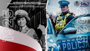 kompilacja dwóch zdjęć. Zdjęcie po lewej stronie przedstawia policjantkę z 1925 roku i biało - czerwoną flagę, zdjęcie po prawej stronie przedstawia policjantkę z 2025 roku, stojącą przy radiowozie
