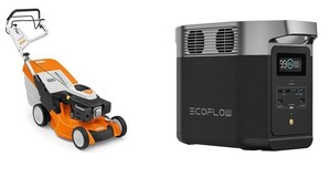 zdjęcie kosiarki spalinowej w pomarańczowym kolorze oraz stacji zasilania &quot;Ecoflow&quot; w czarnym kolorze