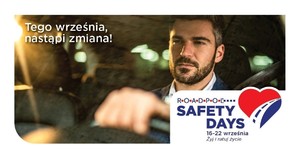 zdjęcie mężczyzny za kierownicą samochodu i napis o treści &quot;tego wrześni anastąpi zmiana, roadpol safety days 16-22 września, żyj i ratuj życie&quot;