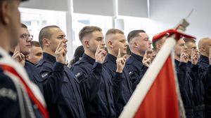 w auli stojący w rzędach policjanci składają ślubowanie