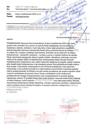treść wiadomości e-mail z podziękowaniami za policyjną interwencję, skierowana do komendanta