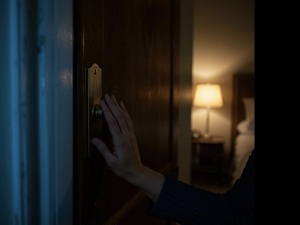 kobieca dłoń chwyta za klamkę zamkniętych drzwi sypialni